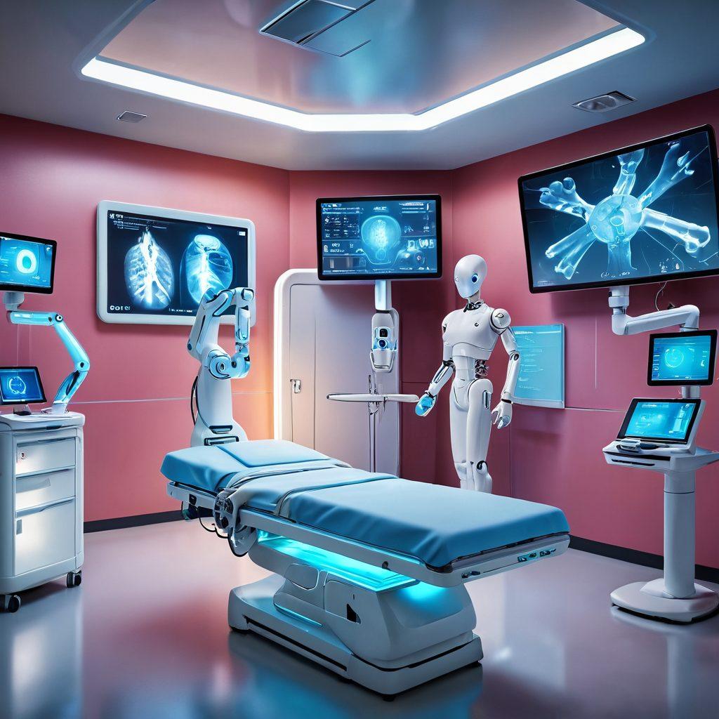 A futuristic hospital room featuring advanced technology aiding cancer treatment, with a digital display showing patient data, a robotic arm assisting a doctor, and a comforting environment with soft lighting. Include patients interacting with virtual reality for therapeutic support and a nurturing nurse overseeing the process. The atmosphere should radiate hope and innovation. super-realistic. vibrant colors. 3D.