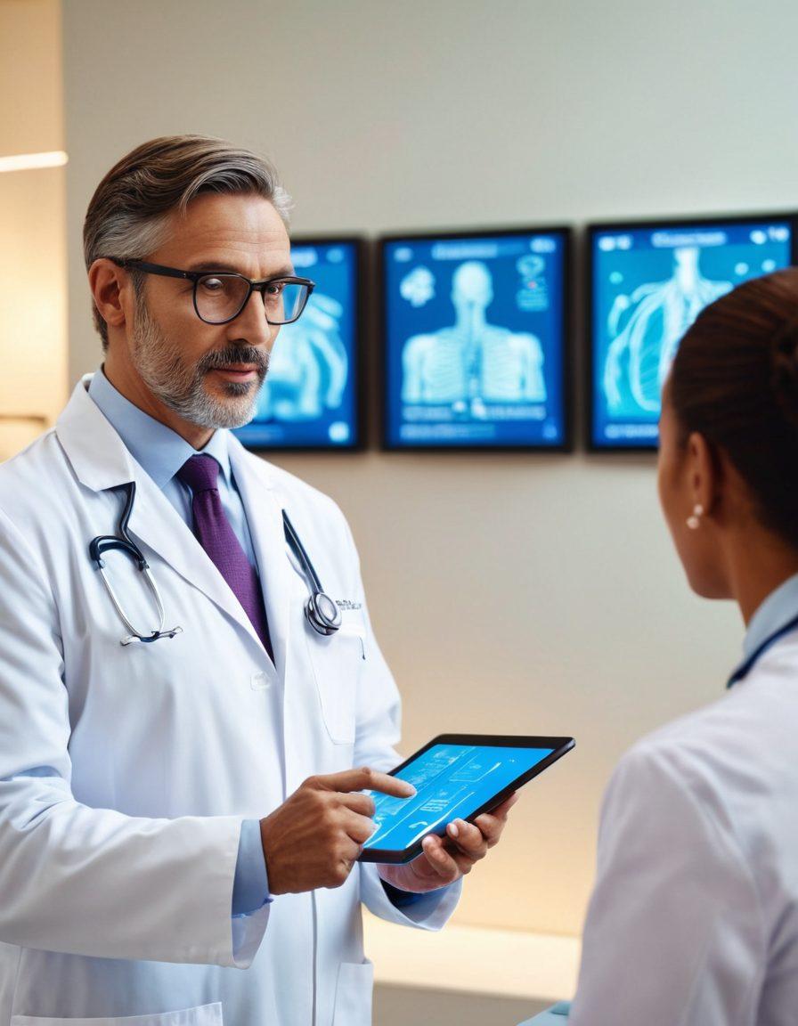 A compassionate doctor using a tablet to discuss treatment options with a diverse group of patients in a bright, modern oncology clinic. In the background, digital screens display patient data and interactive technology, symbolizing the integration of tech in healthcare. The atmosphere is warm and empowering, showcasing hope and collaboration. super-realistic. vibrant colors. 3D.