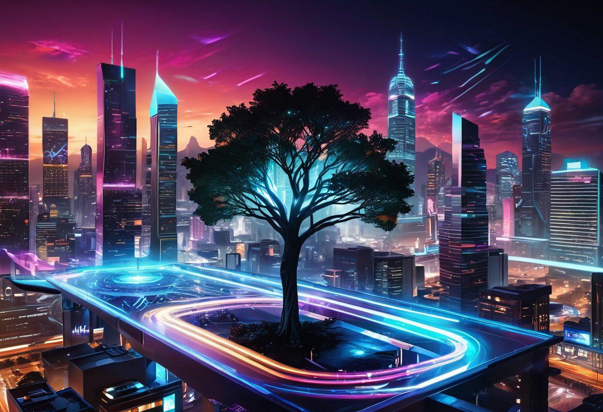 A powerful visual depiction of a futuristic city where technology and healthcare merge, featuring a glowing digital tree symbolizing growth and transformation. Surrounding it are data streams and holographic displays showcasing advancements in cancer research and treatment. Incorporate a diverse group of professionals, collaboratively working together, with an inspiring skyline in the background. Use bright, vibrant colors to convey hope and innovation. cyberpunk. 3D. vibrant colors.